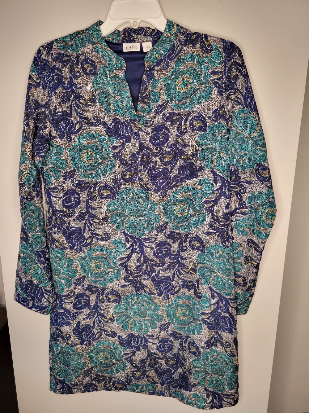 Cato Blue Turquoise Paisley Tunic Dress Women’s Medium Boho Shift 3/4 Sleeve